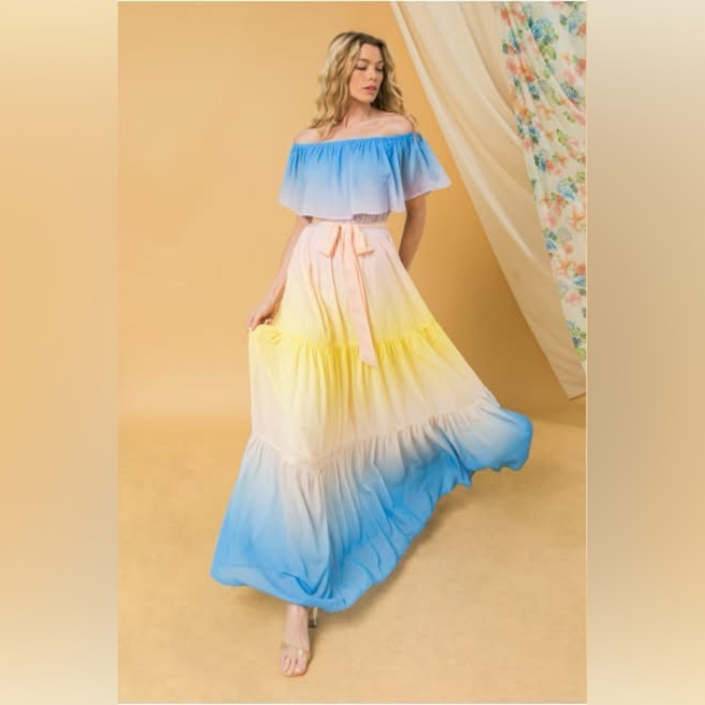 Flying Tomato Ombré Off-Shoulder Tiered Sheer Maxi Dress